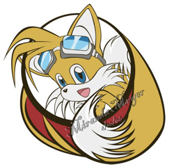 Size: 600x575 | Tagged: safe, artist:thesnowdrifter, miles "tails" prower, 2006, flat colors, goggles, goggles on head, looking at viewer, mouth open, signature, simple background, smile, solo, sonic riders, white background