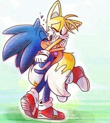 Size: 644x720 | Tagged: source needed, safe, artist:devotedsidekick, miles "tails" prower, sonic the hedgehog, blushing, carrying them, cute, duo, eyes closed, gay, heart, holding each other, one eye closed, shipping, smile, sonabetes, sonic x tails, standing, tailabetes, traditional media