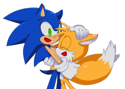 Size: 600x429 | Tagged: safe, artist:pedrocaserta, miles "tails" prower, sonic the hedgehog, 2020, duo, hugging, pixel art, simple background, smile, standing, transparent background