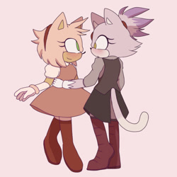 Size: 540x540 | Tagged: safe, artist:miranagi, amy rose, blaze the cat, cat, hedgehog, 2020, amy x blaze, blushing, cute, female, females only, hand on hip, lesbian, looking at each other, shipping, smile