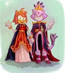 Size: 540x604 | Tagged: safe, artist:mysuperlaserpiss, amy rose, blaze the cat, cat, hedgehog, 2020, amy x blaze, crown, cute, female, females only, holding hands, lesbian, looking at viewer, mouth open, shipping, sword, waving