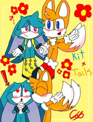 Size: 719x941 | Tagged: safe, artist:boup3theperformer1, kit the fennec, miles "tails" prower, 2023, blushing, cute, duo, exclamation mark, eyes closed, flower, gay, heart eyes, holding hands, kiss on cheek, kitails, shipping, signature, simple background, smile, yellow background
