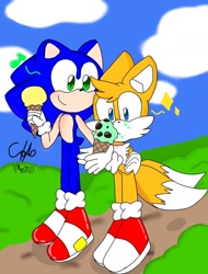 Size: 1080x1424 | Tagged: safe, artist:boup3theperformer1, miles "tails" prower, sonic the hedgehog, 2023, abstract background, clouds, cute, duo, eating, gay, ice cream, musical note, outdoors, shipping, signature, smile, sonic x tails, sparkles, standing, that fox sure loves mint candy