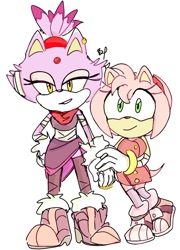 Size: 721x1001 | Tagged: safe, artist:korbydaze, amy rose, blaze the cat, cat, hedgehog, 2017, amy x blaze, bandage, cute, female, females only, lesbian, looking at viewer, shipping, sonic boom (tv)