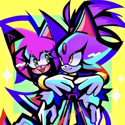 Size: 2048x2048 | Tagged: safe, artist:kuroiyuki96-art, amy rose, blaze the cat, cat, hedgehog, 2023, amy x blaze, amy's halterneck dress, blaze's tailcoat, cute, female, females only, hands on shoulders, lesbian, looking at each other, mouth open, shipping