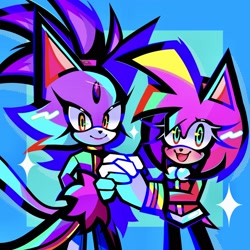 Size: 2048x2048 | Tagged: safe, artist:kuroiyuki96-art, amy rose, blaze the cat, cat, hedgehog, 2023, amy x blaze, cute, female, females only, holding hands, lesbian, looking at viewer, mario & sonic at the olympic games, shipping, sparkles, winter outfit