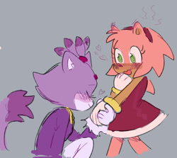 Size: 551x491 | Tagged: safe, artist:bl00doodle, amy rose, blaze the cat, cat, hedgehog, 2021, amy x blaze, amy's halterneck dress, blaze's tailcoat, blushing, cute, eyes closed, female, females only, hearts, kiss on hand, lesbian, looking at them, shipping