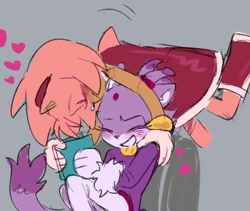 Size: 712x602 | Tagged: safe, artist:bl00doodle, amy rose, blaze the cat, cat, hedgehog, 2021, amy x blaze, amy's halterneck dress, blaze's tailcoat, book, cute, eyes closed, female, females only, hand on shoulder, hearts, kiss on head, lesbian, shipping