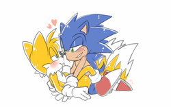 Size: 1280x800 | Tagged: safe, artist:bunonii, miles "tails" prower, sonic the hedgehog, blushing, duo, gay, heart, kneeling, lidded eyes, looking at each other, lying down, shipping, simple background, smile, sonic x tails, sweatdrop, white background