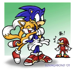 Size: 357x337 | Tagged: safe, artist:vagabond01, knuckles the echidna, miles "tails" prower, sonic the hedgehog, 2017, blushing, border, duo, gay, gradient background, hugging from behind, japanese text, mouth open, shipping, signature, smile, soap shoes, sonic x tails, standing, surprise hug, surprised, sweatdrop, team sonic, trio