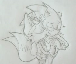 Size: 1280x1077 | Tagged: safe, artist:emilywiccan, miles "tails" prower, sonic the hedgehog, 2017, blushing, cute, duo, eyes closed, gay, heart, holding hands, kiss on cheek, line art, one eye closed, pencilwork, shipping, smile, sonic boom (tv), sonic x tails, standing, traditional media
