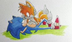 Size: 1280x748 | Tagged: safe, artist:emilywiccan, miles "tails" prower, sonic the hedgehog, 2017, blushing, duo, gay, hand on another's head, lidded eyes, looking at each other, shipping, smile, sonic x tails, traditional media