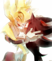 Size: 1722x2047 | Tagged: safe, artist:vandekinang, shadow the hedgehog, sonic the hedgehog, super sonic, blushing, duo, eyes closed, flying, gay, holding each other, looking at them, shadow x sonic, shipping, signature, simple background, smile, super form, white background