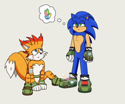 Size: 2048x1707 | Tagged: safe, artist:moontigerange1, mangey, miles "tails" prower, sonic the hedgehog, 2024, crouching, duo, frown, gay, grey background, looking at them, one fang, paradox prism, shipping, signature, simple background, songey, sonic x tails, standing, thought bubble