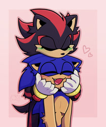 Size: 1513x1814 | Tagged: safe, artist:diesel-fang, shadow the hedgehog, sonic the hedgehog, abstract background, blushing, border, cute, duo, eyelashes, eyes closed, gay, green blush, heart, holding them, mouth open, one fang, outline, shadow x sonic, shadowbetes, shipping, sonabetes, top surgery scars, trans male, transgender