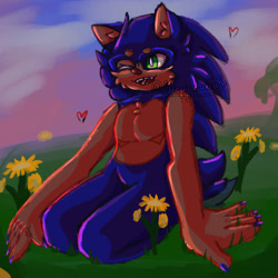 Size: 2000x2000 | Tagged: safe, artist:sleepylavend3r, sonic the hedgehog, abstract background, beanbrows, chest fluff, cute, eyelashes, flower, grass, heart, kneeling, looking offscreen, mouth open, one eye closed, outdoors, painted fingernails, smile, solo, top surgery scars, trans male, transgender