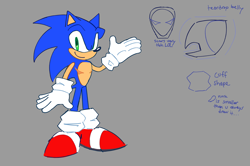 Size: 2048x1358 | Tagged: safe, artist:mronji, sonic the hedgehog, english text, grey background, looking at viewer, reference sheet, simple background, smile, solo, standing, top surgery scars, trans male, transgender