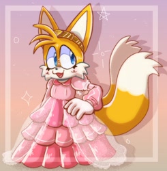 Size: 1019x1041 | Tagged: safe, artist:guiltypandas, miles "tails" prower, 2023, abstract background, blushing, dress, eyelashes, hand on hip, looking offscreen, nonbinary, princess tails, smile, solo, standing, star (symbol)