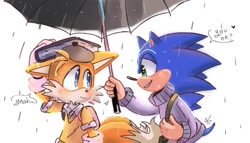 Size: 828x474 | Tagged: safe, artist:giaoux, miles "tails" prower, sonic the hedgehog, 2024, book, clothes, dialogue, duo, english text, floppy ears, frown, gay, heart, holding something, looking at each other, outdoors, rain, shipping, simple background, smile, sonic x tails, standing, umbrella, white background