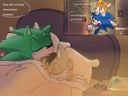 Size: 1024x768 | Tagged: safe, artist:giaoux, miles "tails" prower, miles (anti-mobius), scourge the hedgehog, sonic the hedgehog, 2024, abstract background, bed, blushing, dialogue, english text, floppy ear, gay, group, holding each other, indoors, picture frame, scouriles, self paradox, shipping, sleeping, snuggling, sonic x tails, sunglasses