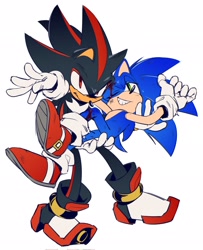 Size: 1664x2048 | Tagged: safe, artist:chaosrice, shadow the hedgehog, sonic the hedgehog, 2024, blood, carrying them, duo, frown, gay, injured, shadow x sonic, shipping, simple background, smile, white background, wink, wound