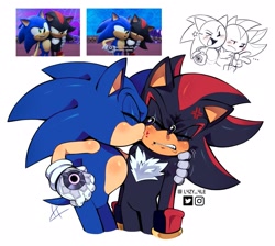 Size: 2048x1835 | Tagged: safe, artist:l4zy_4le, shadow the hedgehog, sonic the hedgehog, sonic prime, 2024, blushing, clenched teeth, cross popping vein, duo, eyes closed, gay, holding them, kiss on cheek, reference inset, shadow x sonic, shipping, signature, simple background, sonic prime s3, standing, star (symbol), wagging tail, white background