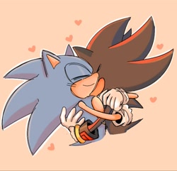 Size: 715x689 | Tagged: safe, artist:cherry_linss, shadow the hedgehog, sonic the hedgehog, 2024, blushing, cute, duo, eyes closed, gay, heart, holding each other, hugging, outline, shadow x sonic, shipping, simple background, smile
