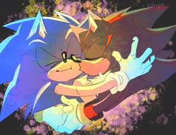 Size: 2048x1571 | Tagged: safe, artist:deadvpoo, shadow the hedgehog, sonic the hedgehog, 2024, abstract background, duo, eyes closed, gay, holding each other, kiss on cheek, shadow x sonic, shipping, smile