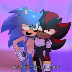 Size: 1575x1575 | Tagged: safe, artist:revvonox, shadow the hedgehog, sonic the hedgehog, sonic prime, 2024, abstract background, arm around shoulders, dialogue, duo, english text, frown, gay, looking offscreen, mouth open, scene interpretation, shadow x sonic, shipping, signature, smile, sonic prime s3, standing
