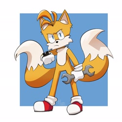 Size: 2048x2048 | Tagged: safe, artist:ilumanever, miles "tails" prower, 2024, border, frown, holding something, looking at viewer, signature, solo, standing, wrench