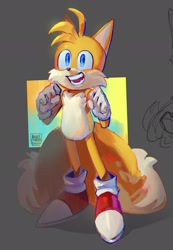 Size: 1418x2048 | Tagged: safe, artist:angeladrewlol, miles "tails" prower, 2024, abstract background, clenched fists, looking up, mouth open, signature, smile, solo, standing
