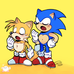 Size: 1280x1280 | Tagged: safe, artist:birriau, miles "tails" prower, sonic the hedgehog, blushing, classic sonic, classic tails, duo, eyes closed, heart chest, mouth open, redraw, signature, simple background, standing, yawning, yellow background