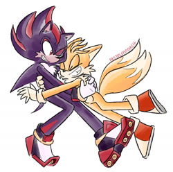 Size: 1440x1428 | Tagged: safe, artist:pastelspindash, miles "tails" prower, shadow the hedgehog, duo, eyes closed, hugging, looking at them, one eye closed, signature, simple background, smile, white background
