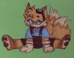 Size: 1983x1557 | Tagged: safe, artist:sonicattos, miles "tails" prower, bandaid, bandaid over nose, female, goggles, green background, looking at viewer, overalls, simple background, sitting, solo, tongue out, trans female, transgender