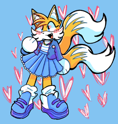 Size: 1050x1106 | Tagged: safe, artist:mercyofempty, miles "tails" prower, blue background, blushing, clothes, cute, female, heart, heart eyes, jacket, necklace, one fang, shirt, simple background, skirt, smile, solo, standing, trans female, trans pride, transgender