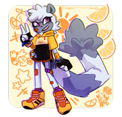 Size: 625x600 | Tagged: safe, artist:chaos-------candy, tangle the lemur, alternate outfit, bandaid, cute, fingerless gloves, fruit, orange, semi-transparent background, smile, solo, standing, star (symbol), v sign