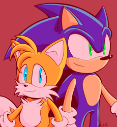 Size: 1749x1903 | Tagged: safe, artist:suzienightsky, miles "tails" prower, sonic the hedgehog, alternate version, duo, looking at viewer, looking offscreen, red background, signature, simple background, smile, standing