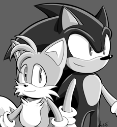 Size: 1749x1903 | Tagged: safe, artist:suzienightsky, miles "tails" prower, sonic the hedgehog, alternate version, duo, grey background, greyscale, looking at viewer, looking offscreen, monochrome, signature, simple background, smile, standing