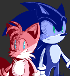 Size: 1749x1903 | Tagged: safe, artist:suzienightsky, miles "tails" prower, sonic the hedgehog, alternate version, duo, looking at viewer, looking offscreen, signature, simple background, smile, standing, transparent background