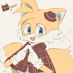 Size: 1024x1024 | Tagged: safe, artist:zackie-hollow, miles "tails" prower, the murder of sonic the hedgehog, blushing, cute, fingers together, looking at viewer, mouth open, signature, simple background, smile, solo