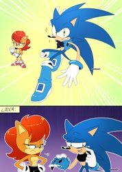 Size: 1804x2532 | Tagged: safe, artist:artsriszi, sally acorn, sonic the hedgehog, comic, embarrassed, english text, outfit swap, posing, sally x sonic, sally's ringblader outfit, signature, wardrobe malfunction