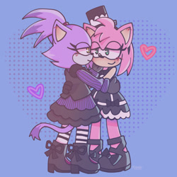 Size: 2048x2048 | Tagged: safe, artist:eldoodlez, amy rose, blaze the cat, cat, hedgehog, 2022, amy x blaze, bedroom eyes, cute, female, females only, goth, goth outfit, hand on back, hearts, lesbian, looking at each other, shipping