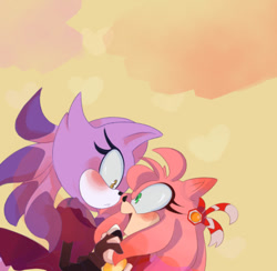 Size: 540x527 | Tagged: safe, artist:magicglove, amy rose, blaze the cat, cat, hedgehog, 2022, amy x blaze, blushing, cute, female, females only, holding hands, lesbian, looking at each other, mouth open, shipping