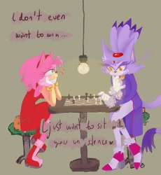 Size: 1200x1302 | Tagged: safe, artist:merz_mofiso, amy rose, blaze the cat, cat, hedgehog, 2024, amy x blaze, amy's halterneck dress, blaze's tailcoat, chessboard, cute, english text, female, females only, hands on cheeks, hearts, lesbian, looking at them, shipping, thinking