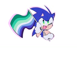 Size: 1024x768 | Tagged: safe, artist:just_d_bit, sonic the hedgehog, hedgehog, 2024, gay, holding something, male, mlm pride, mouth open, one fang, outline, pride, pride flag, simple background, smile, solo, white background
