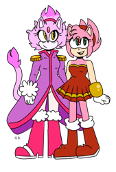 Size: 540x797 | Tagged: safe, artist:links-nipples, amy rose, blaze the cat, cat, hedgehog, 2017, amy x blaze, cute, female, females only, lesbian, looking at them, mouth open, shipping, smile