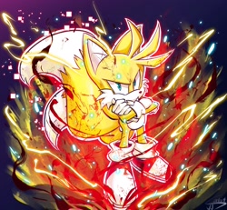 Size: 2048x1894 | Tagged: safe, artist:jjsucksalot, miles "tails" prower, super tails, sonic frontiers, 2023, abstract background, arms folded, commission, looking at viewer, outline, solo, super form