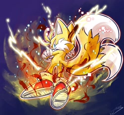Size: 2048x1894 | Tagged: safe, artist:jjsucksalot, miles "tails" prower, super tails, sonic frontiers, 2023, arms folded, commission, looking down at viewer, outline, signature, solo, super form