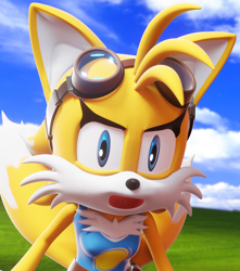 Size: 2160x2440 | Tagged: safe, artist:ladylunanova, miles "tails" prower, 2023, 3d, abstract background, faic, female, goggles, meme, tails gets trolled, trans female, transgender