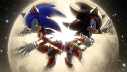 Size: 3840x2160 | Tagged: safe, artist:ladylunanova, shadow the hedgehog, sonic the hedgehog, 2023, 3d, abstract background, duo, frown, mid-air, mod, moon, nighttime, posing, remake, smile, soap shoes, sonic generations, trans female, transgender